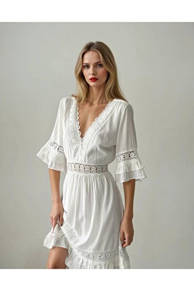 Arestill Fisto Detaylı, Şile bezi Görünümlü, Volanlı, Elbise