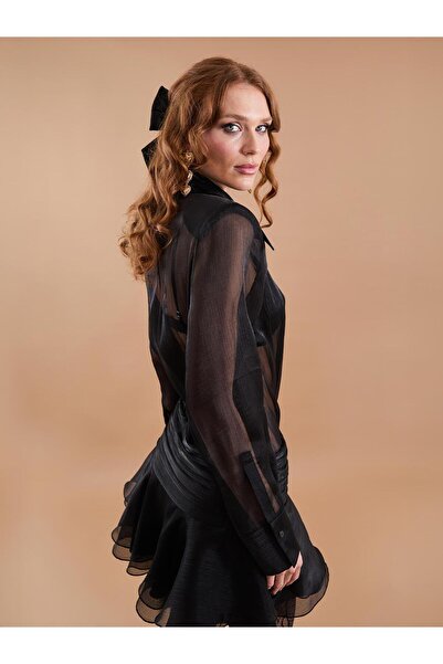 Auralis Studio Organze Gömlek Detay Volanlı Mini Elbise Siyah