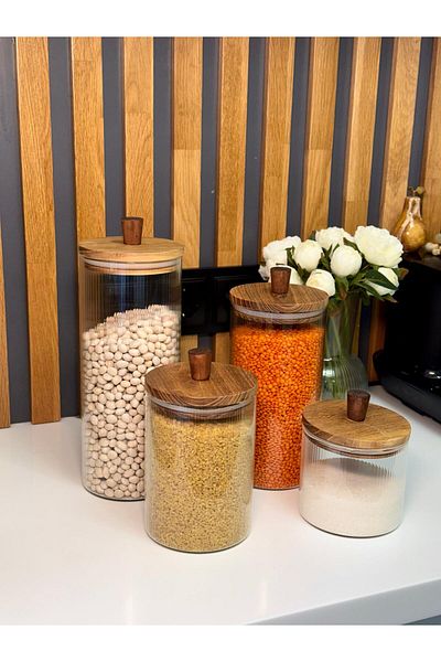 AROW Set of 4 Acacia Vacuum Lid Borosilicate Glass Jars