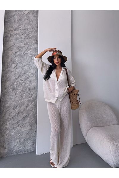 erki triko Openwork Shirt Collar Pareo Bottom-Top Knitwear Set