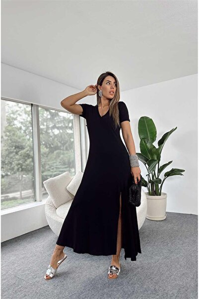 StilVibe V-Neck Lycra Slit Detail Flared Dress Black