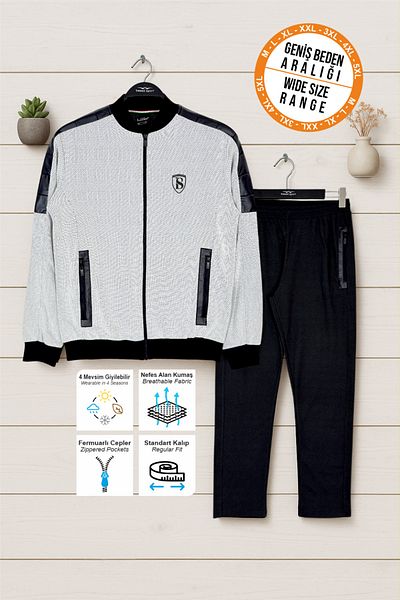 BESSA Men's White Tracksuit Set with Zippered Pockets and Straight Leg Patterned Fabric