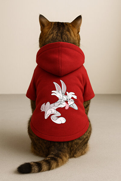 Monopetz Kapişonlu Polar Sweatshirt Köpek Ve Kedi Kıyafeti & Elbisesi - Kırmızı Bugs Bunny - M Beden