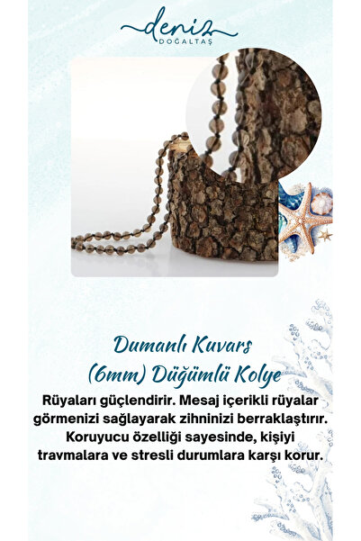 Deniz Doğal Taş Sertifikalı Dumanlı Kuvars 6mm Düğümlü Kolye