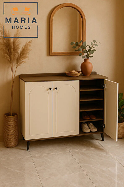 MARIA HOMES خزانة أحذية كبيرة بثلاثة أبواب بلون كريمي مع ألواح مقوسة، رف تخزي...