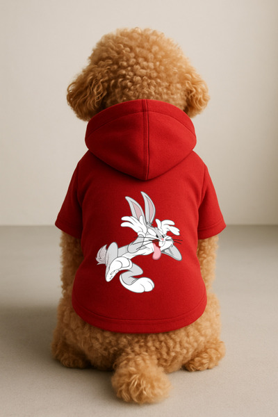 Monopetz سويت شيرت من الصوف بغطاء للرأس ملابس للكلاب والقطط - أرنب باغز أحمر
