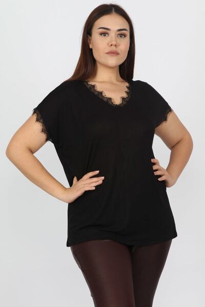 Şans Women's Large Size Black Lace Detailed Blouse 65n13235