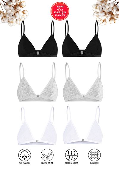 ÖZKAN underwear Сутиен за тренировка Özkan 0923, чифт от 6 бюста за момичета, памучен, единичен джърси, ликра, без подплънки и костички, смесени цветове