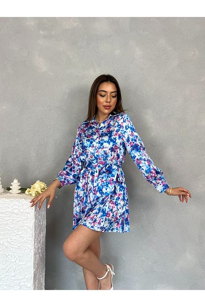 Nesil Patterned Belted Satin Mini Dress