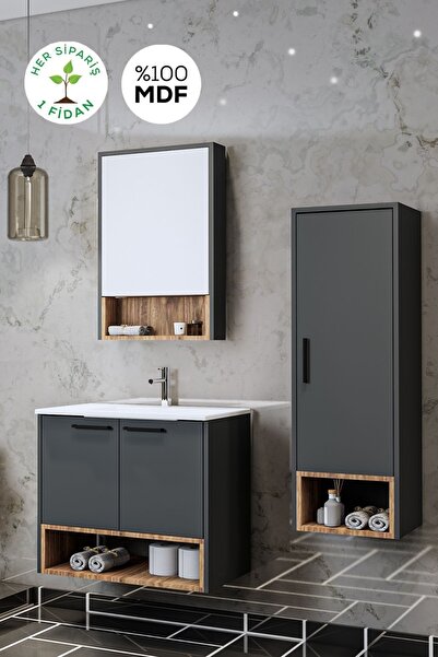 BALNEOM Banyo Karanfil 80 Cm %100 Mdf Antrasit Lavabolu Banyo Dolabı Ayna Lavabo Boy Dolabı