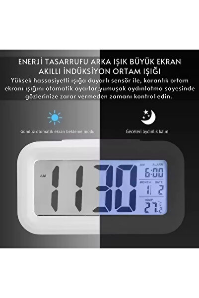 Genel Markalar Öğrenci Dijital Masa Saati Fotoselli Alarmlı Işıklı Termometre Takvim Çalar Saat Akıllı Uyandırma