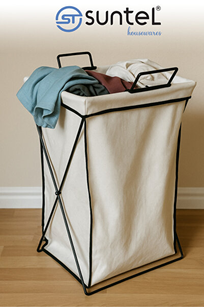 Suntel Katlanabilir Kumaş Çamaşır Sepeti – Siyah Metal Gövdeli, Krem Renk Tor...
