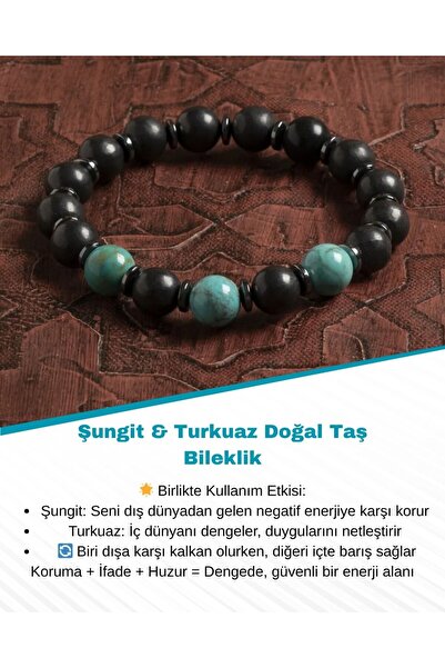 Saff Doğal Taş Sertifikalı Doğal Şungit ve Turkuaz Taşı Bileklik
