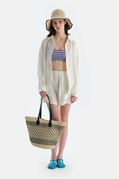 Dagi Ecru-Black Women's Quadrilateral Patterned Straw Beach Bag