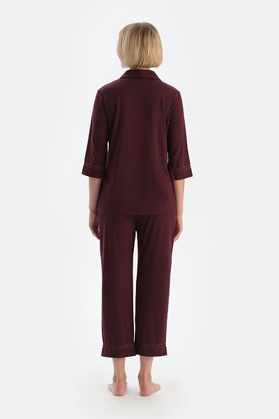 Dagi Burgundy Piping Detailed Pocket Combed Modal Pajama Set