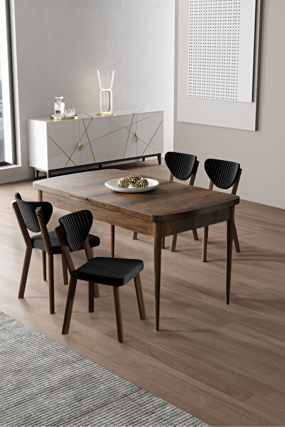 Canisa Exve Serisi 80x132 Açılabilir Barok Ahşap Desen Masa Takımı ve 4 Siyah...