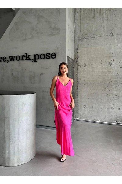 MAGGAZA Jacquard Strap Satin Dress Asymmetric - Pink