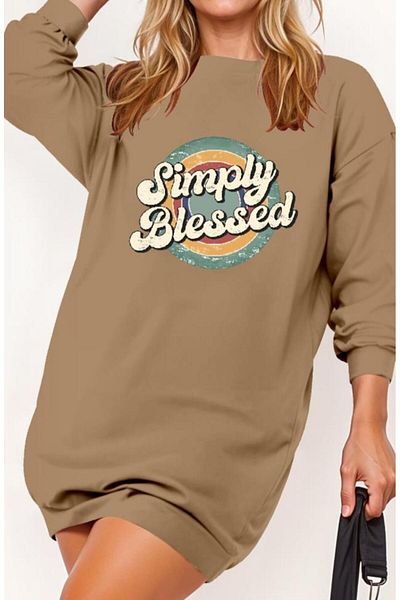 Vogueway Women's Long Sleeve Crew Neck Lettered Viscose Two Thread Dress