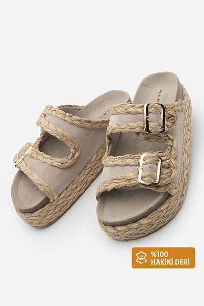 Marjin Women's Genuine Leather Thick Straw Sole Double Banded Braided Daily Slippers Barno Beige Suede