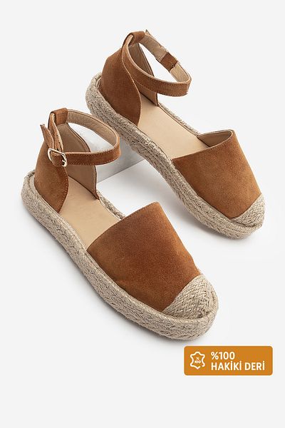 Marjin Damen-Espadrille-Sandalen aus hellbraunem Wildleder – echtes Leder, Knöchelriemen aus Jute