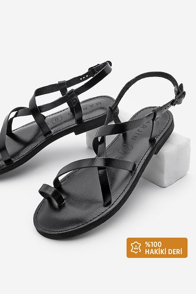 Marjin Women's Genuine Leather Flip Flop Strap Daily Sandals Belova Black