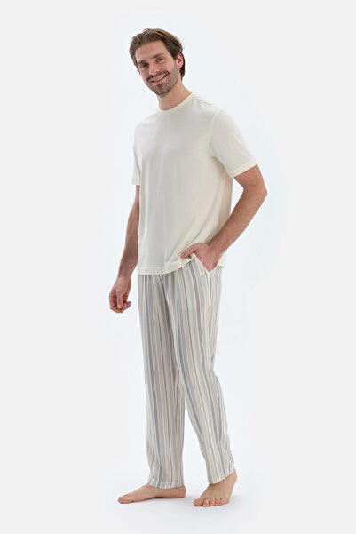 Dagi Ecru Short Sleeve Knitwear Tape Detailed T-Shirt Trousers Pajama Set