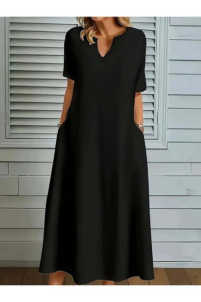 Silerra Women's Short Sleeve V Neck Pocket Detail Long Janjan Crepe Dress