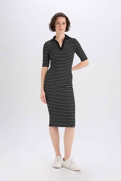 DeFacto Polo Neck Bodycon Ribbed Midi Dress - Short Sleeve E6792Ax25Sp
