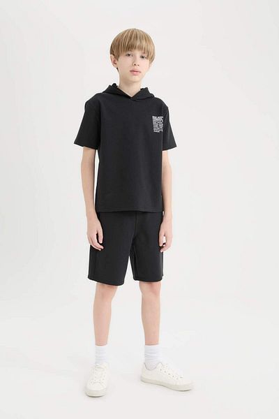DeFacto Set 2 piese pentru băieți, tricou cu mânecă scurtă imprimat cu glugă și pantaloni scurți cu talie elastică E2850A825SM