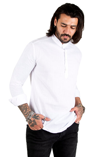 Rizz up Мъжка бяла ленена риза с дълги ръкави и висока яка с половин копчета 2201914