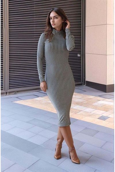 modamtn Femei Model Houndstooth Tesatura piele intoarsa Produs Oportunitate Rochie Midi Lungime