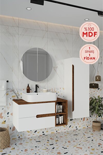 BALNEOM Koza Beyaz 90 Cm %100 Mdf Banyo Dolabı Ayna Lavabo Boy Dolabı