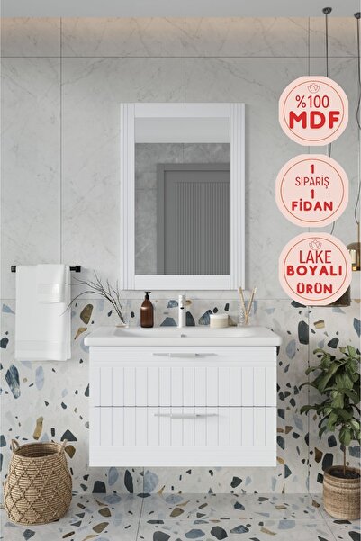 BALNEOM Erguvan Gümüş Kulp Beyaz Demonte 80 Cm Lavabolu Banyo Dolabı Ayna Lavabo