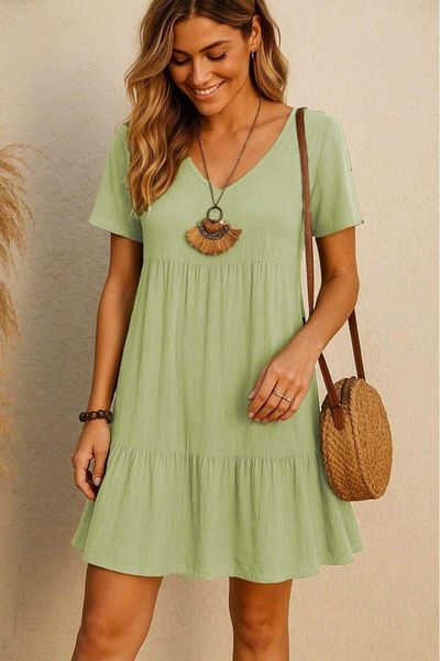 modamtn Women's Short Sleeve V-Neck Ruffle Wrap Dress