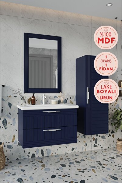 BALNEOM Erguvan Gümüş Kulp Lacivert Demonte 80 Cm Lavabolu Banyo Dolabı Ayna Lavabo Boy Dolabı