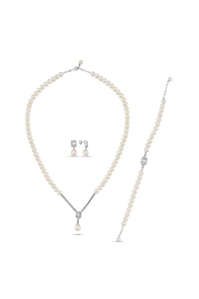 Birinci1926 14 Ayar Altın 7 Mm Baget Taşlı Doğal Inci Küpe Kolye Bileklik Üçlü Set