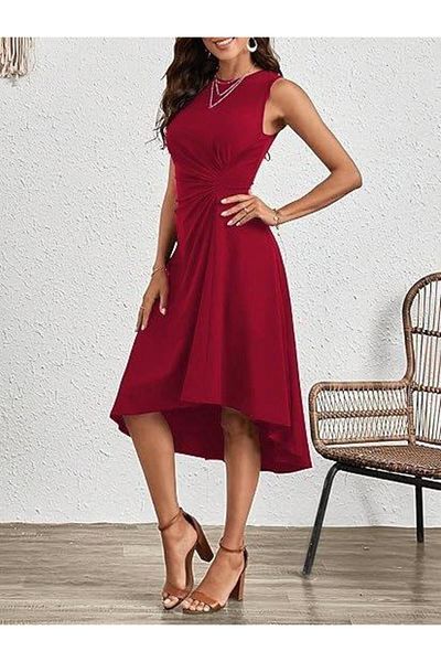 ETİLER COLLECTION Women's Zero Sleeve Crew Neck Gathered Asymmetric Cut Detailed Janjan Crepe Dress