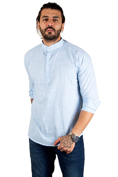 Rizz up Мъжка синя ленена риза с дълги ръкави на райета с половин копче 2201914