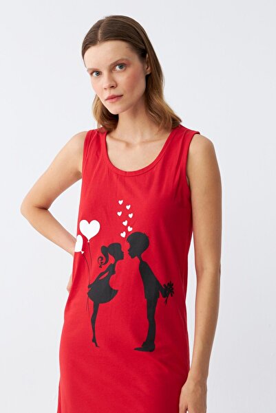 Akbeniz Cămașă de noapte roșie cu bretele groase din bumbac pieptănat deasupra genunchiului 11310