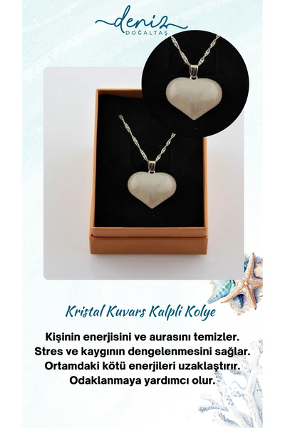 Deniz Doğal Taş Sertifikalı Kristal Kuvars Kalpli Kolye Ucu (GÜMÜŞ ZİNCİR HED...