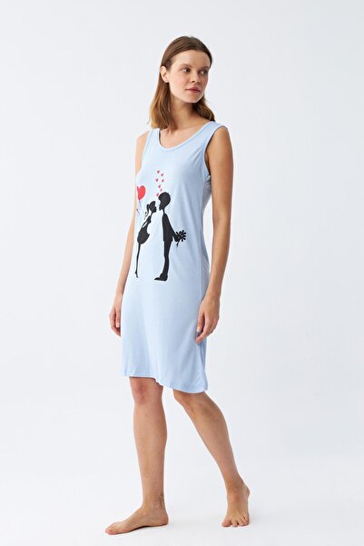 Akbeniz Γυναικείο χοντρό λουράκι χτενισμένο βαμβακερό πάνω από το γόνατο μπλε νυχτικό 11310