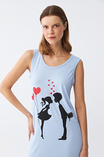 Akbeniz Γυναικείο χοντρό λουράκι χτενισμένο βαμβακερό πάνω από το γόνατο μπλε νυχτικό 11310