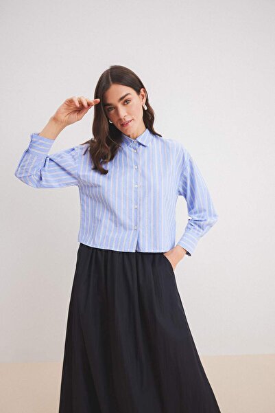 DeFacto Relax Fit Çizgili Poplin Uzun Kollu Gömlek E1261AX25SP