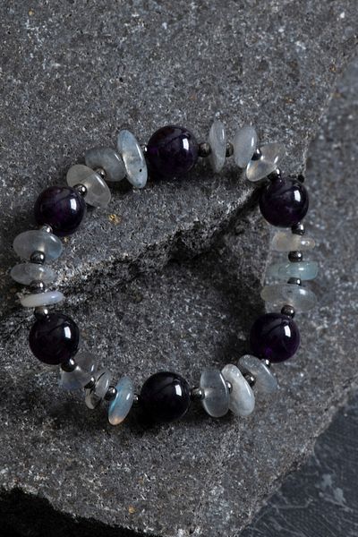 OSMANLI DOĞAL TAŞ Certified Amethyst, Labradorite Hematite Natural Stone Bracelet