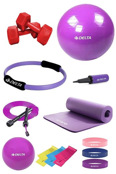 Delta 140-159 Cm Paint Suitable Pilates Set - 14 Pieces, 55 Cm Ball, 15 Mm Cushion Hoop, Squat Band 2 Kg Dumbbell