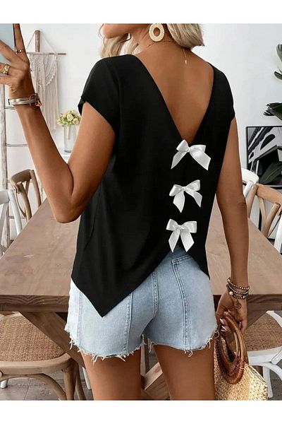 modamtn Women's Short Sleeve V Neck Viscose Blouse with Ribbon Detail on the Back