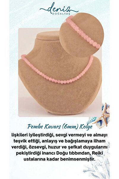 Deniz Doğal Taş Sertifikalı Pembe Kuvars 6mm Kolye (DÜĞÜMSÜZ)