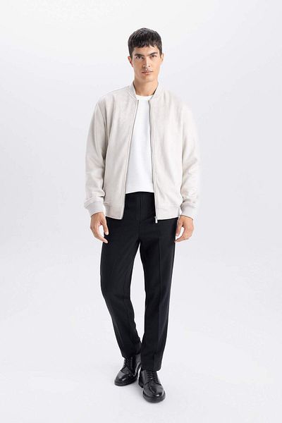 DeFacto Jachetă Bomber din piele de căprioară, slim fit, cu rever, cu fermoar, buzunare duble, sezonier, ușoară