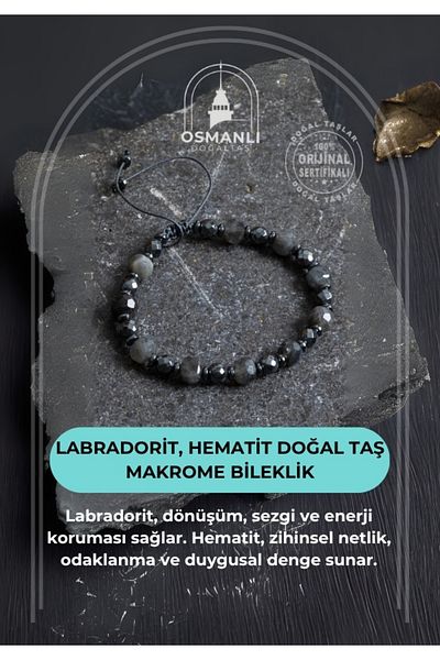 OSMANLI DOĞAL TAŞ Certified Labradorite, Hematite Natural Stone Macrame Bracelet