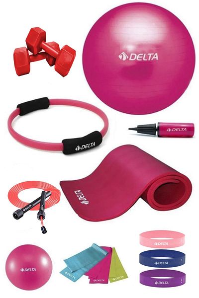 Delta 140-159 Cm Paint Suitable Pilates Set - 14 Pieces, 55 Cm Ball, 10 Mm Cushion Hoop, Squat Band 2 Kg Dumbbell